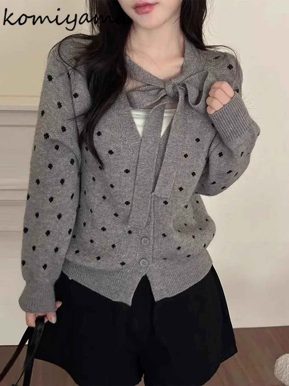 

Bandage Bow Woman 2025 Cardigan Polka Dot Knit Ropa Mujer Long Sleeve Sweater Korean Sweet Pulls Femmes Autumn Winter Clothes