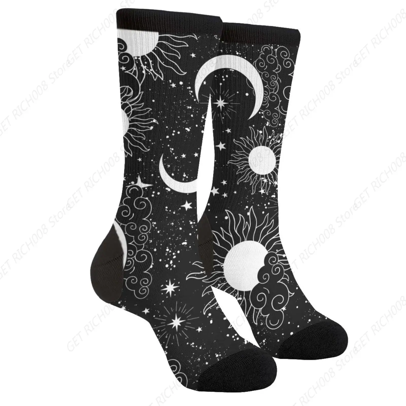 Black White Sun Crescent Stars On A Blue Mystical Ornament Casual Funny Funky Novelty Fashion Socks For Men Women