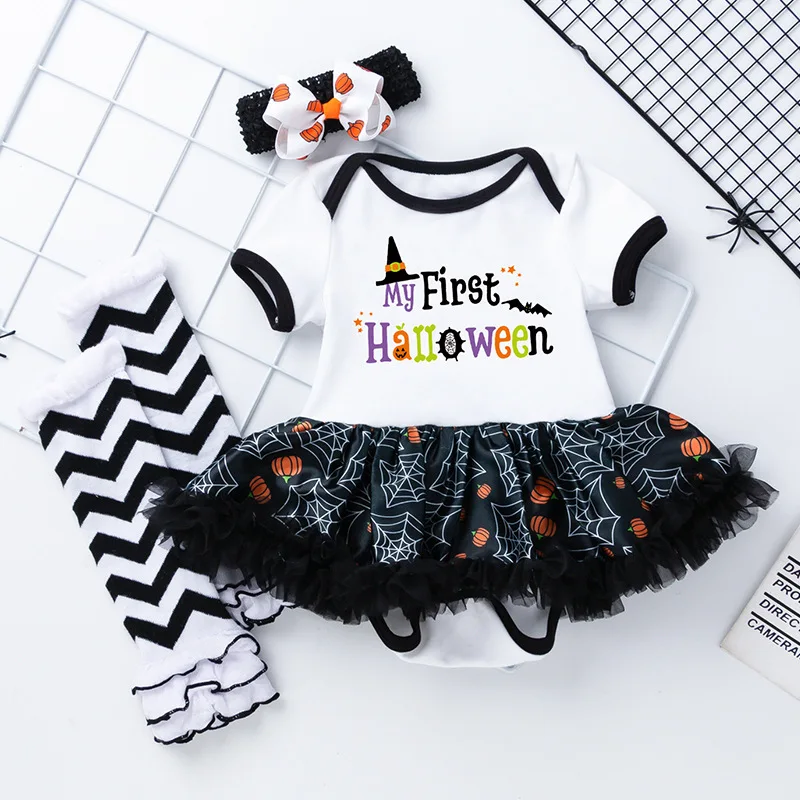 Halloween children\'s costume baby girls party costume printed witch hat baby jumpsuit socks short sleeved dress children sets