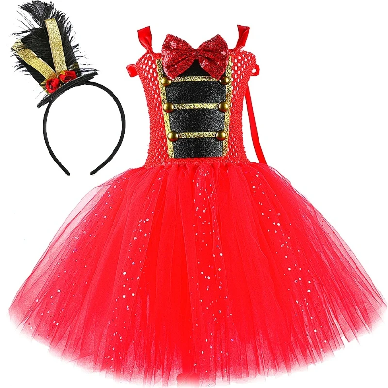 Sparkly Red Circus Master Costumes Girls Nutcracker Princess Dresses for Kids Christmas Halloween Outfit with Feather Hat Bow