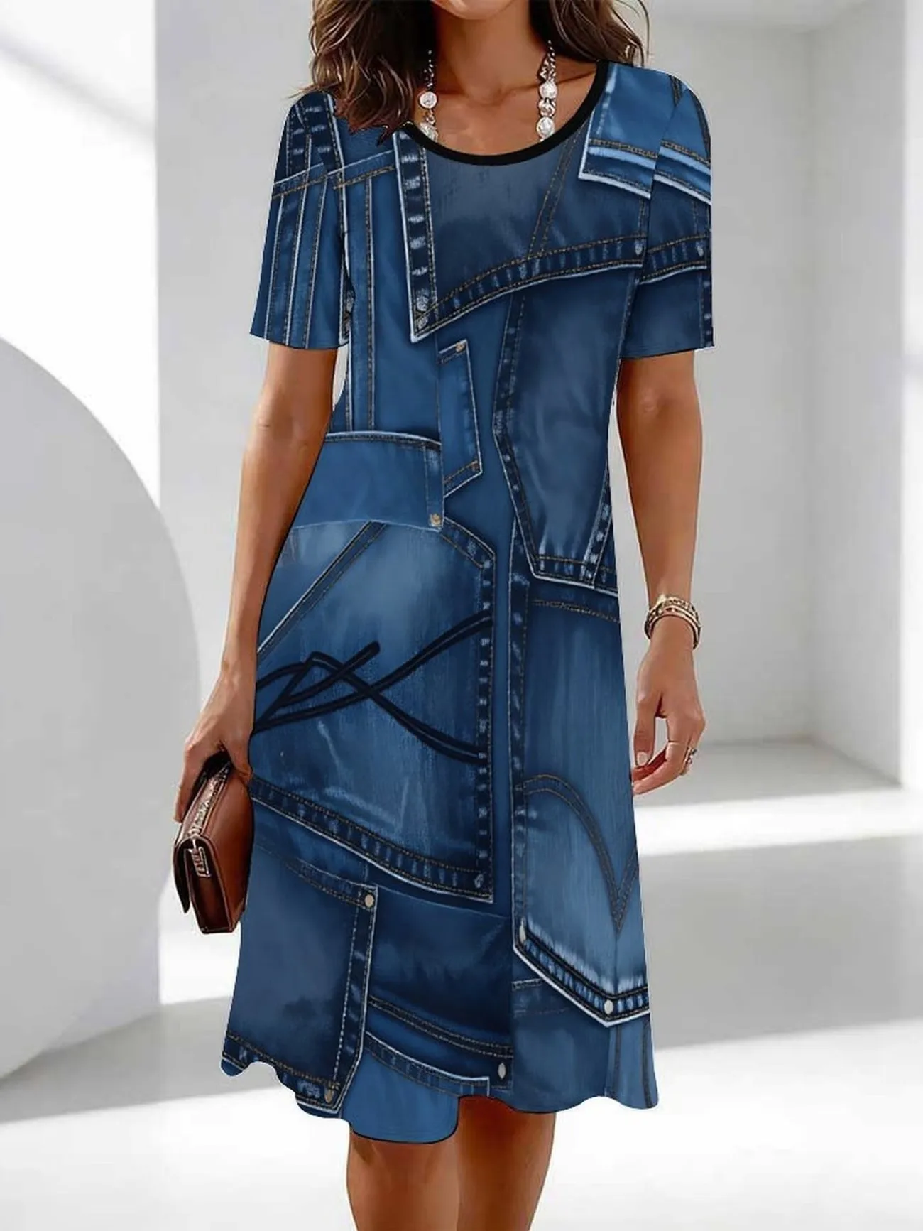 Ladies Summer Short Sleeve round Neck Casual Mini Dress 3D Retro Patchwork Print Dress Women's Fashion Casual Wear
