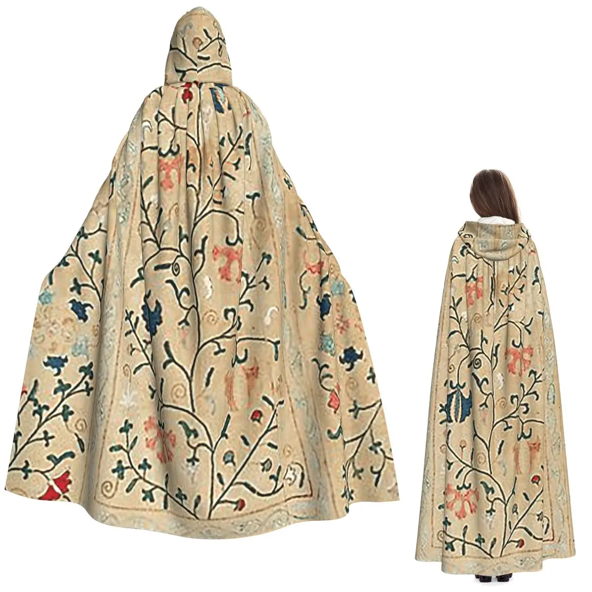 Capa Longa com Capuz Bordada Suzani do Uzbequistão, Fantasia Medieval de Bruxa, Cosplay, Capa para Festa de Halloween, Adulto Unissex