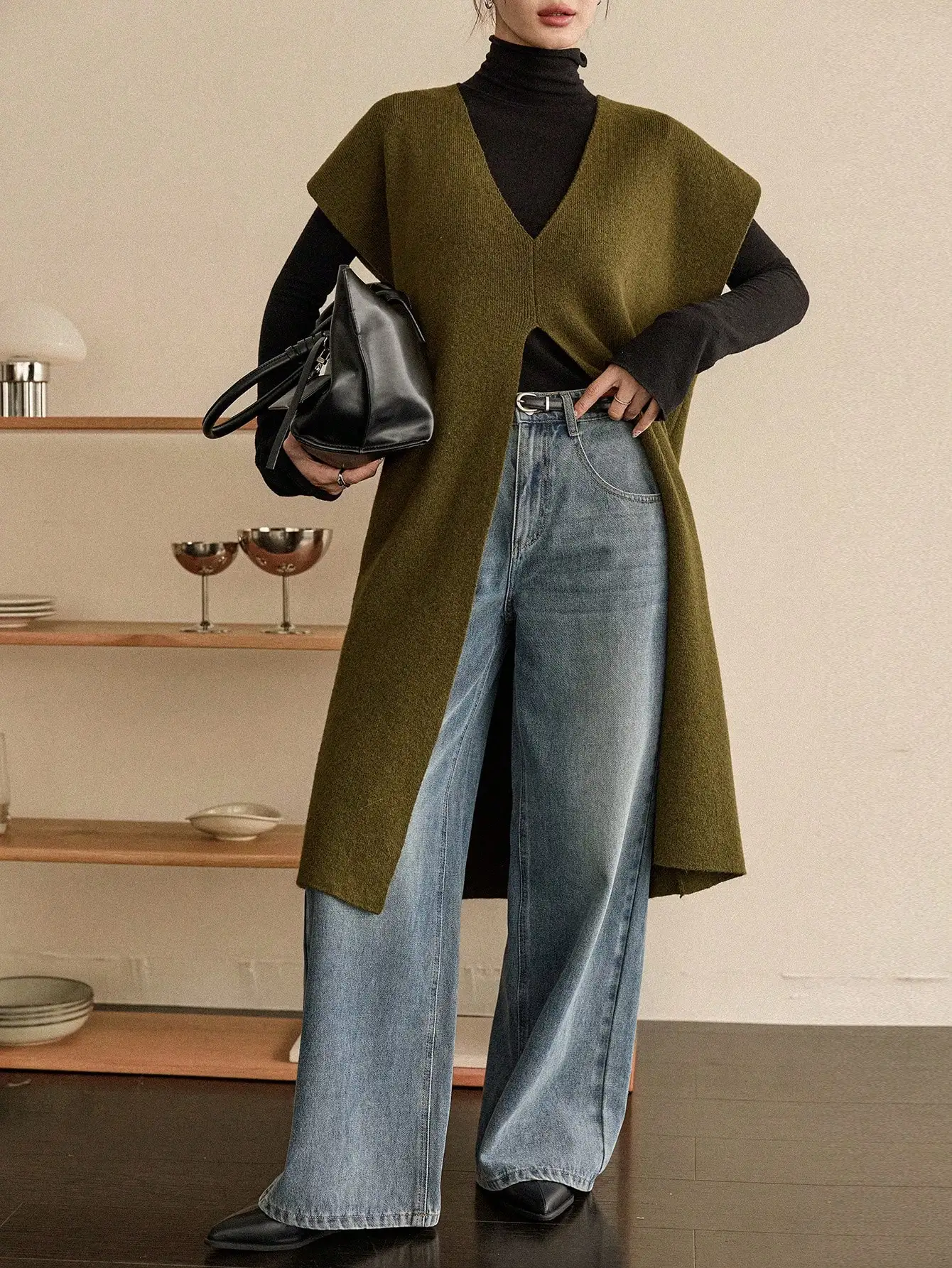 

Olive Green V-Neck Split Hem Knit Pullover Sweater - Loose Fit, Long Length