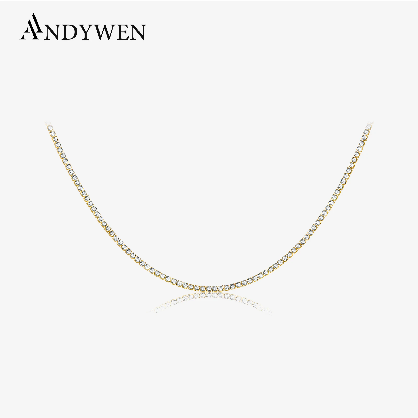 

ANDYWEN 925 Sterling Silver 2022 Gold 2mm Thick Tennis CZ Chain Necklace Long Choker Women Crystal Luxury Fine Jewelry Gift