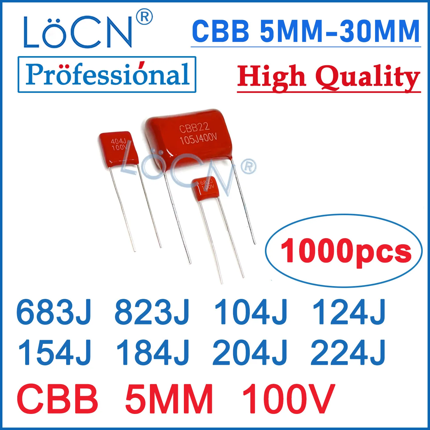 LoCN 1000PCS 5MM 100V 683J 823J 104J 124J 154J 184J 204J 224J 68NF 82NF 100NF 120NF 150NF 180NF 200NF 220NF P5 CBB Capacitors