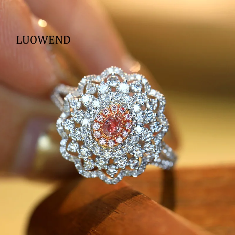 

LUOWEND 100% 18K White Gold Rings Luxury Vintage Style Real Natural Pink Diamond Engagement Ring for Women High Wedding Jewelry