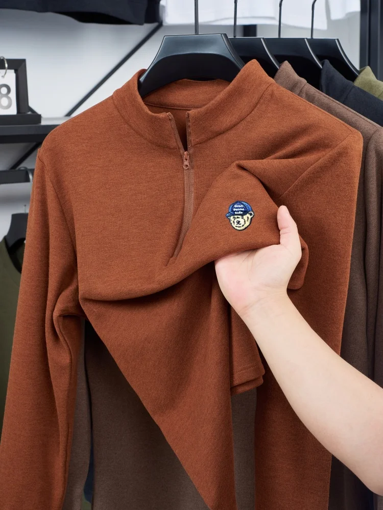 الراقية العلامة التجارية الخريف والشتاء جديد على الوجهين المخملية الدافئة طويلة الأكمام الرجال دمية دب رائعة مطرزة سستة تي شيرت #3