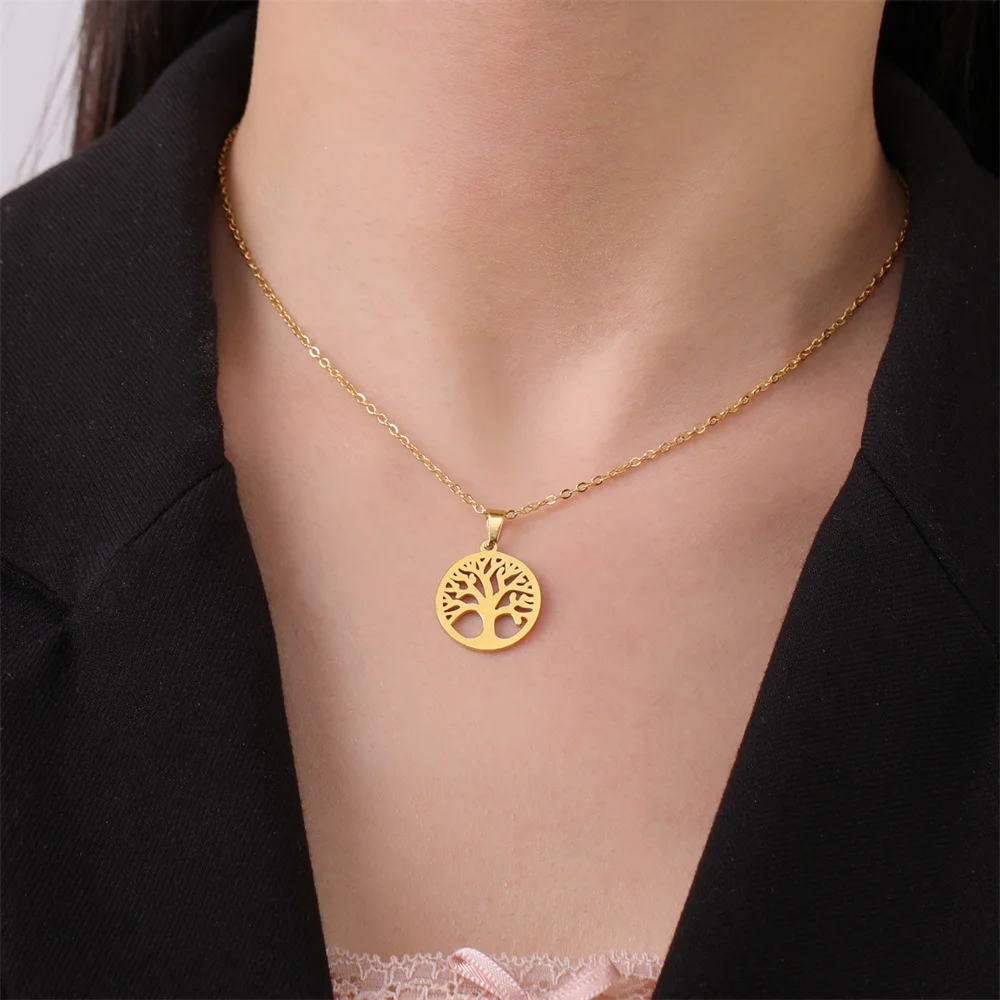 EUEAVAN Tree of Life Hollow Out Round Pendant Necklace for Woman Girl Stainless Steel Fashion Cutout Design Jewelry Party Gifts