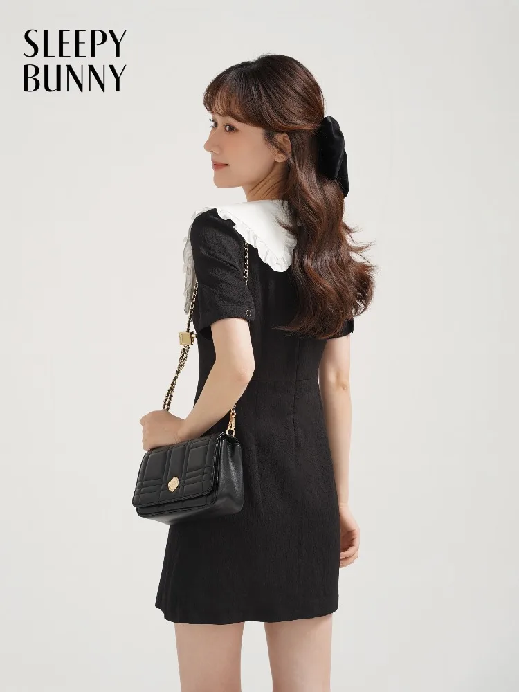 

Women Lady Contrast Collar Mini Dress Cute Ruffle Trim A-Line Short Dress Slim Fit Sweet Vintage Style Chic Daily Outfit Look