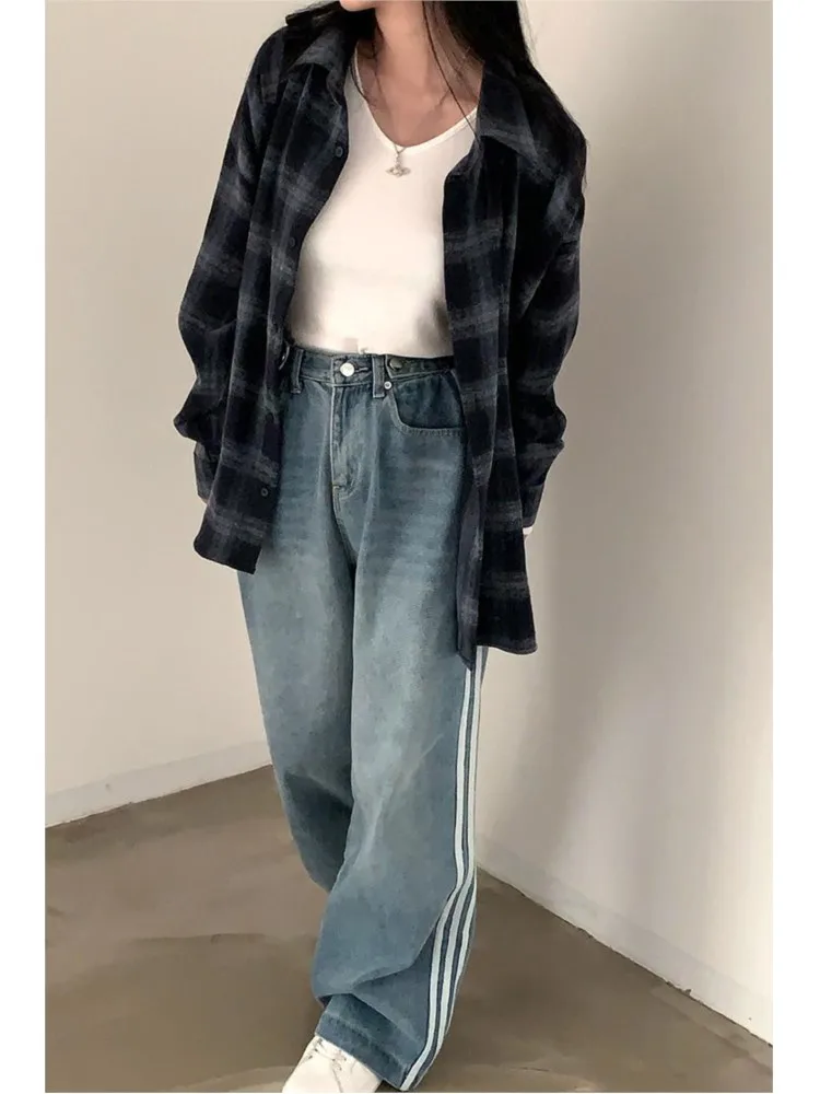 Jeans Autumn Winter Pant Women Striped Casual Fashion Loose Korean Pleated Ladies Trousers High Waist Wide Leg Woman Pants 2023