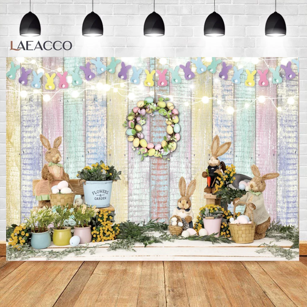 Laeacco-Toile de fond pour photographie de printemps et de Pâques, toile de fond de fenêtre, lapin mignon, couronne de fleurs, baby shower, arrière-plan de portrait d'anniversaire