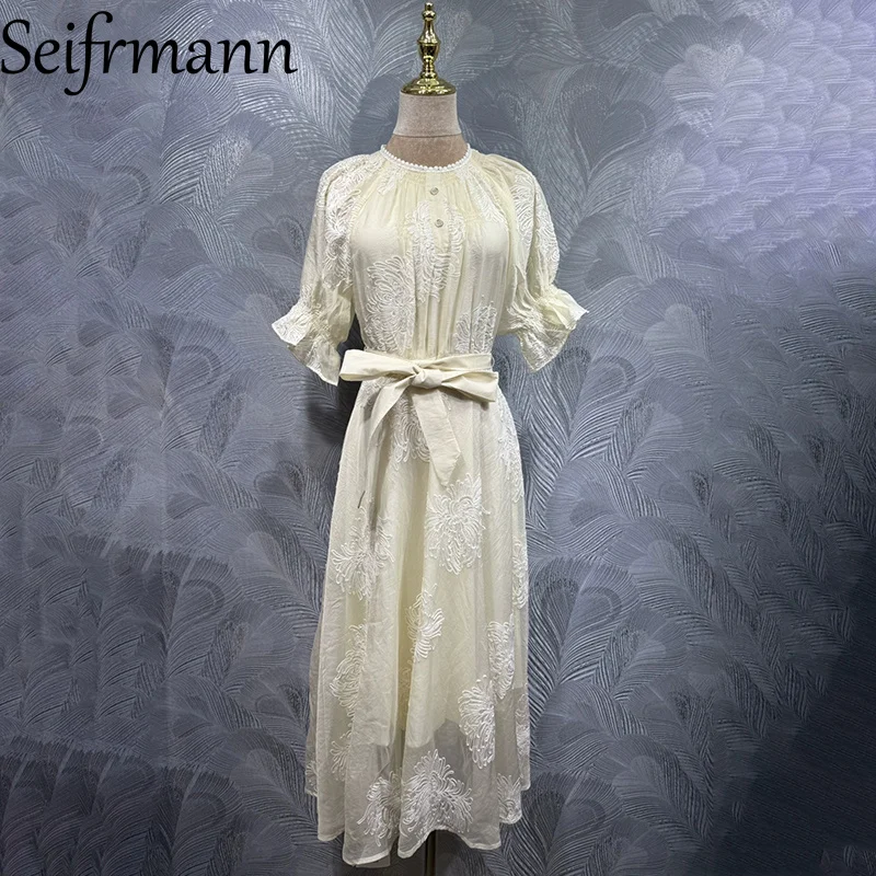 

Seifrmann 2026 Summer Women's New Fashionable Round Neck Short Sleeve Embroidered Waist cinching Dress ﻿