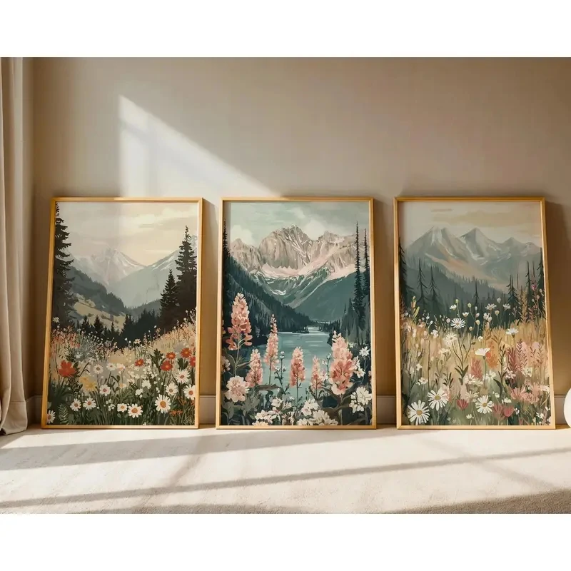 3pcs frameless Canvas Painting /Set  Mountain Wildflower Landscape Canvas Poster Bohemian Sunset Daisy Pattern Beautiful Mountai