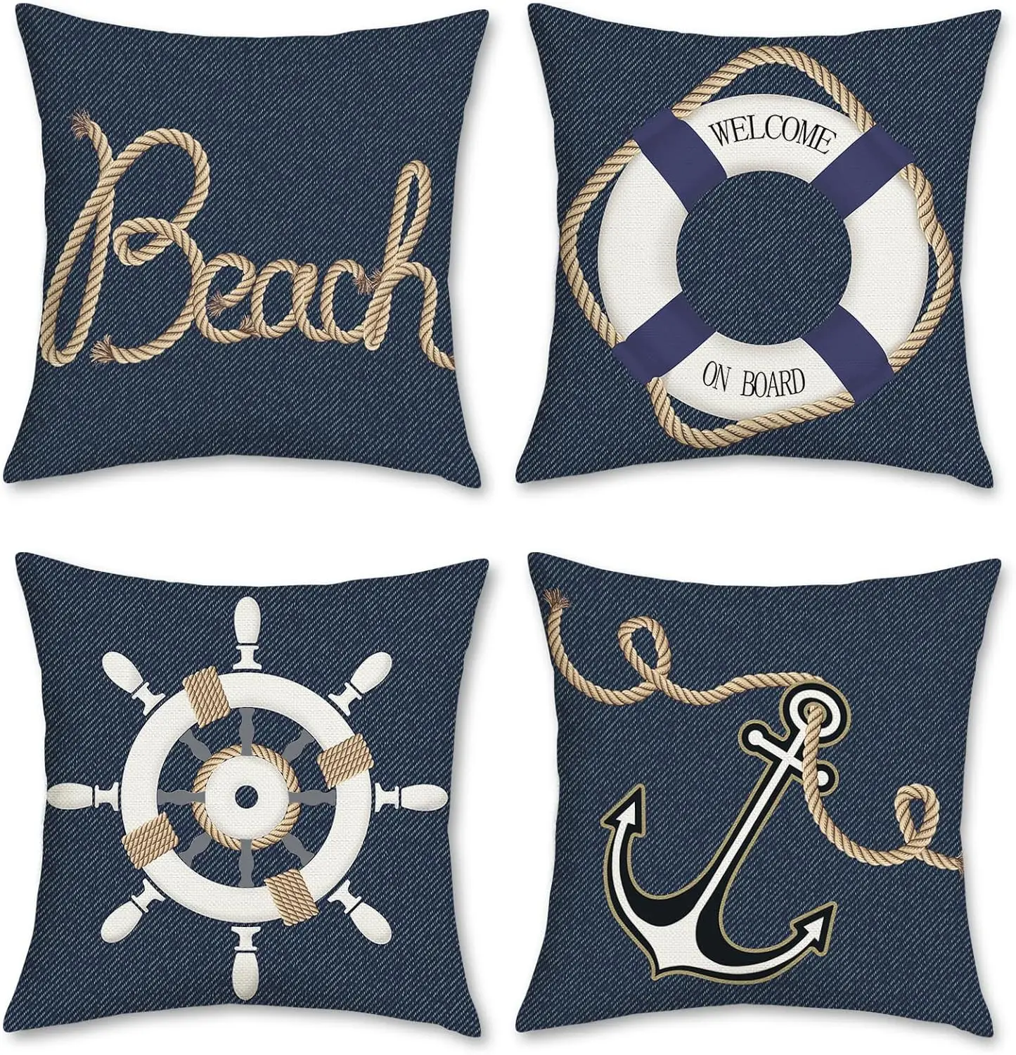 4pcs Navy Blue Nautical Ship Lighthouse Compass Anchor Pillow Covers Polyester Cushion Cases Striped Solid Throw Set for Sofa