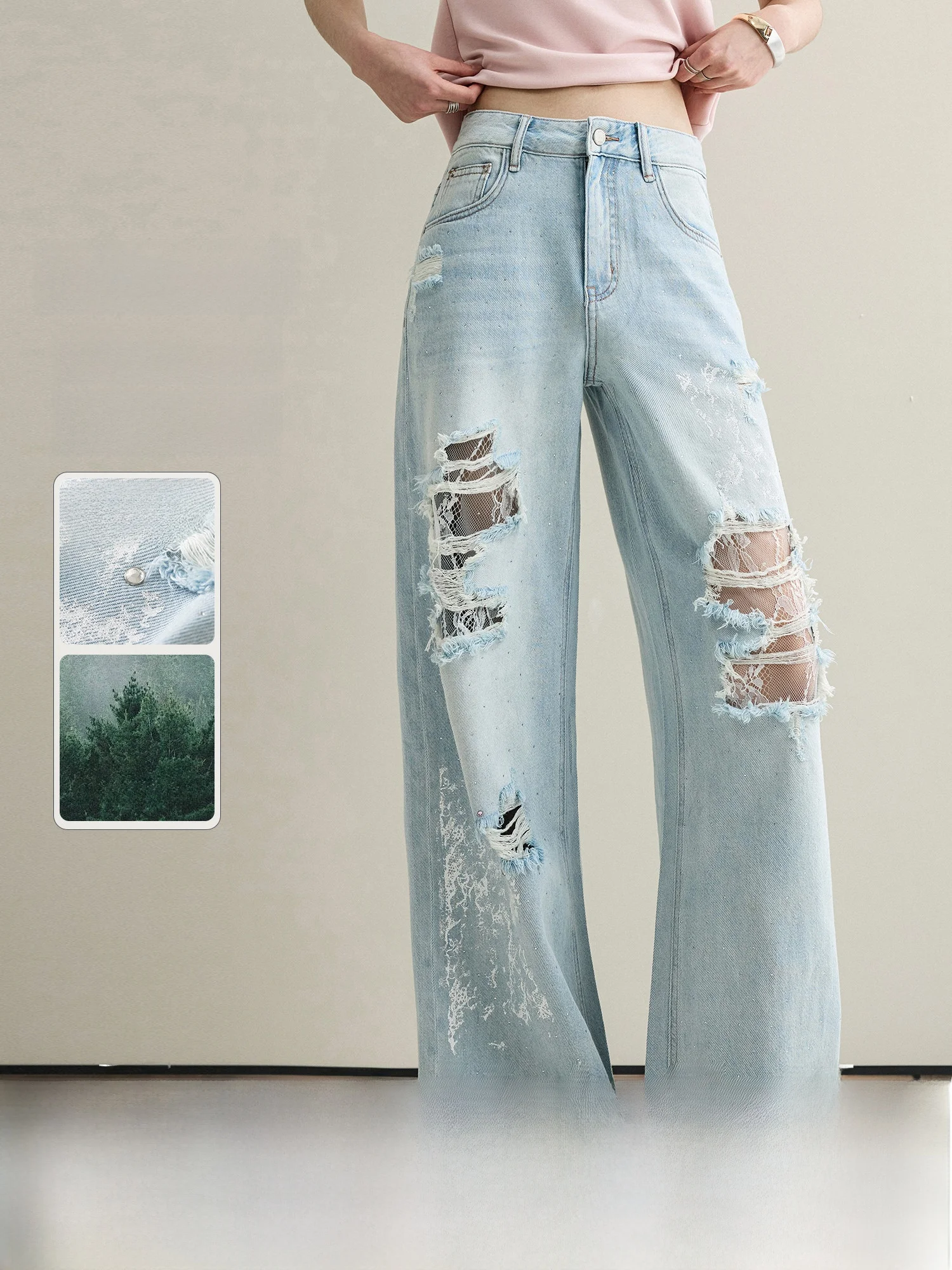 

Джинсы NAGUAGU Pumpkin Valley Star Lace Denim с широкими штанинами, бархатные, с принтом Hotfix, с дырками, на молнии, с высокой талией, повседневные, свободного кроя