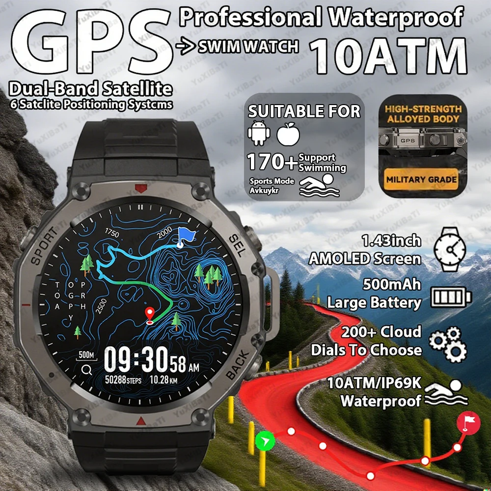 

2025 Новые умные часы T-Rex 3 с GPS, 10 АТМ и IP69 К, водонепроницаемые, встроенные двухдиапазонные GNSS HD AMOLED-компас, оригинальные военные умные часы