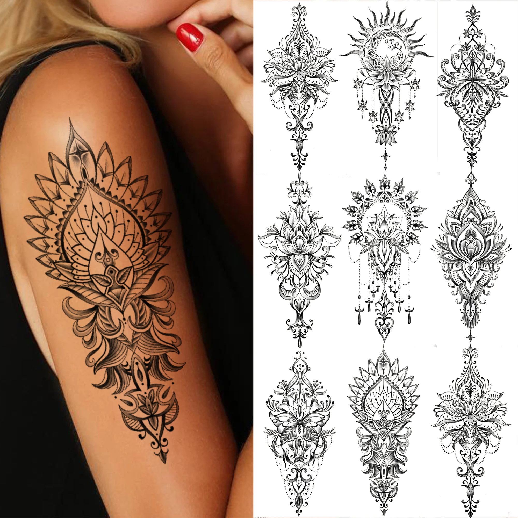 

1 Sheet Black Henna Fake Jewelry Temporary Tattoos For Women Adults Mandala Lace Tattoo Sticker Sleeve Arm Leg Body Art Drawing