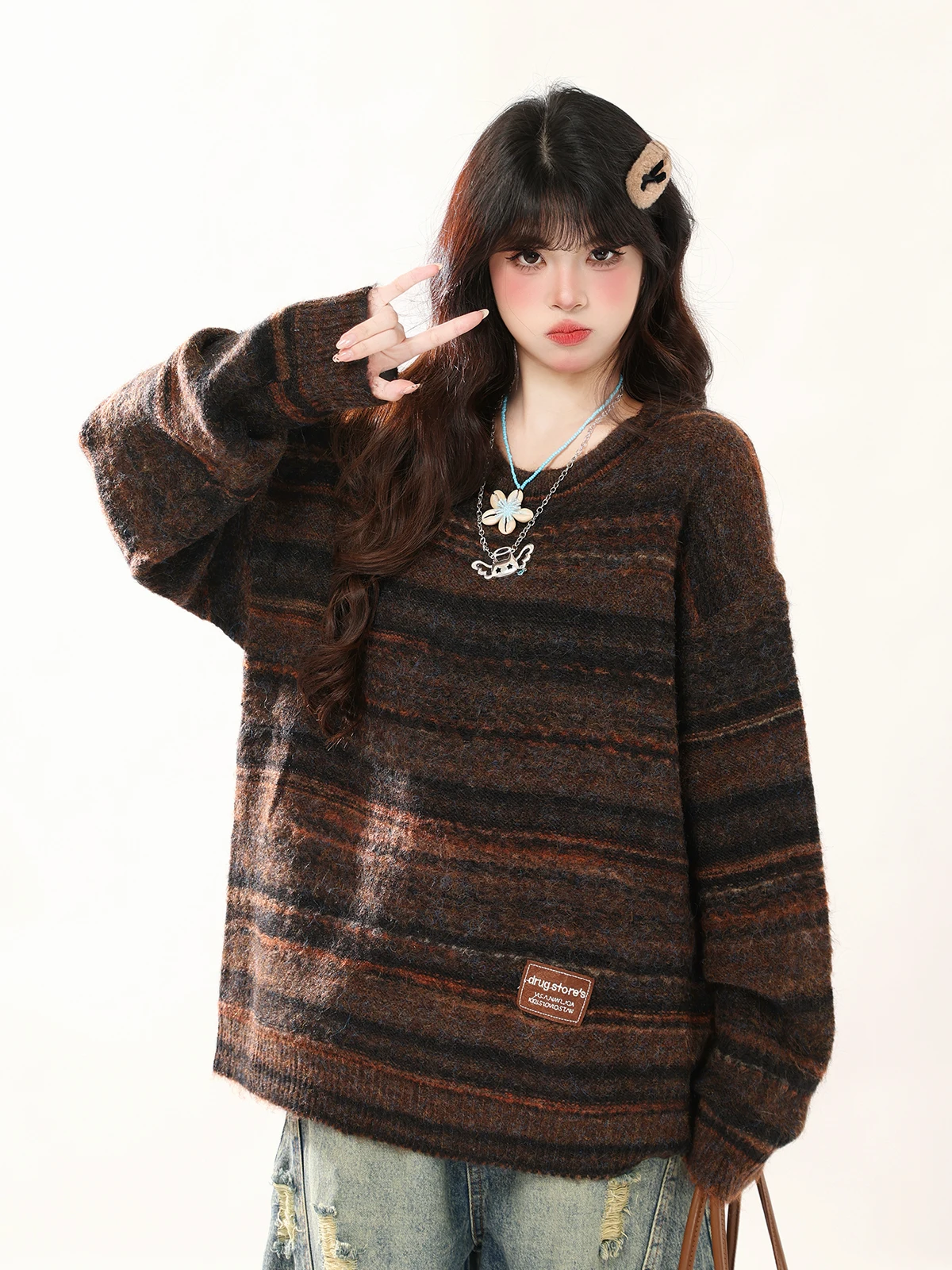 

ENJOG American Retro Color Blo round Ne Sweater Women's Loose Casual Knitted Top Autumn Winter Comfortable Lazy Sle