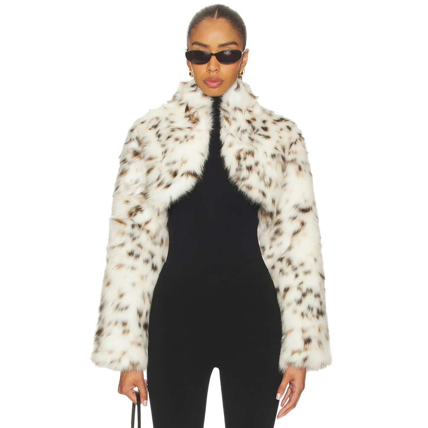RU Spotted Faux Fur Cropped Jacket Long Sleeve Open Front Fluffy Crop Coat Suitable For Street Fashion Club Daily Outfits