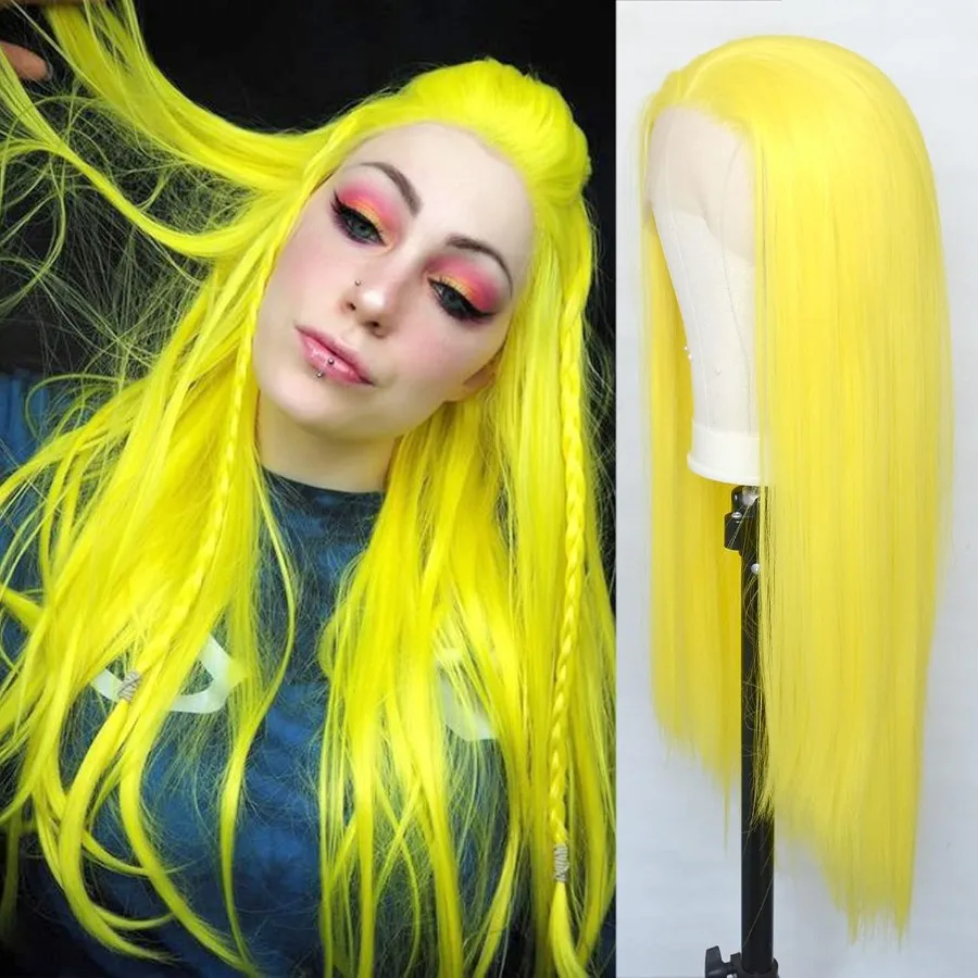 الليمون الأصفر الدانتيل الجبهة الباروكات الاصطناعية حريري مستقيم مثير الأصفر اليد تعادل استبدال الباروكات مقاومة للحرارة للحزب تأثيري D #4