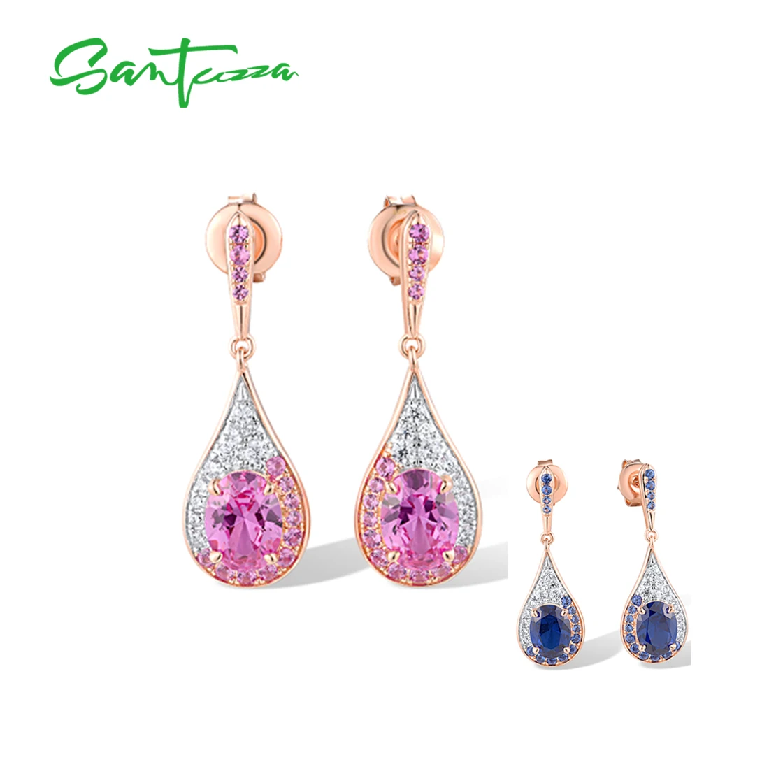 SANTUZZA Pure 925 Sterling Silver Drop Earrings For Women Sparkling Created Pink Sapphire & Blue Spinel Delicate Fine Jewelry