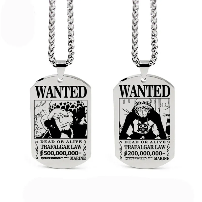 Anime One Piece Wanted Necklace Pendant for Men Women Metal Cartoons Luffy Zoro Figures Neck Chain Charms Jewelry Toys for Gifts