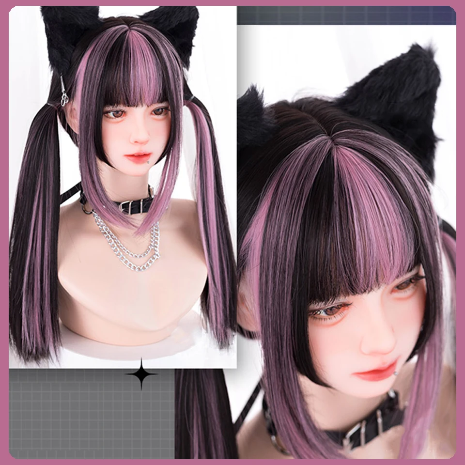 BEAUTYENTER Synthetic Wig Pink Deep Wave Wig With Bangs For Women Long  Brond black Hair Layered Heat Resistant Cosplay Party