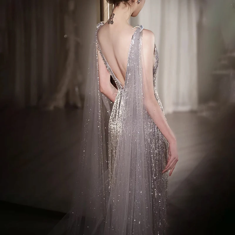 فاخر الترتر شرابة فساتين لحضور الحفلات الموسيقية المرأة مثير الخامس الرقبة عارية الذراعين حفلة عيد ميلاد فستان الزفاف أنيقة لامعة فساتين المناسبات الرسمية