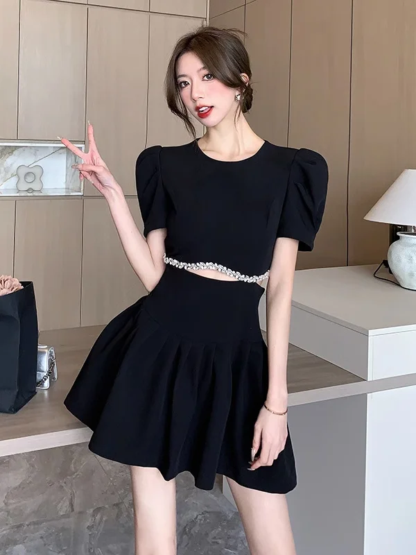 Korejpaa Elegant Women Dress 2024 Summer French Style Mini Dresses Outwear Puff Short Sleeve Slim Waist Hollow Pleated Vestidos