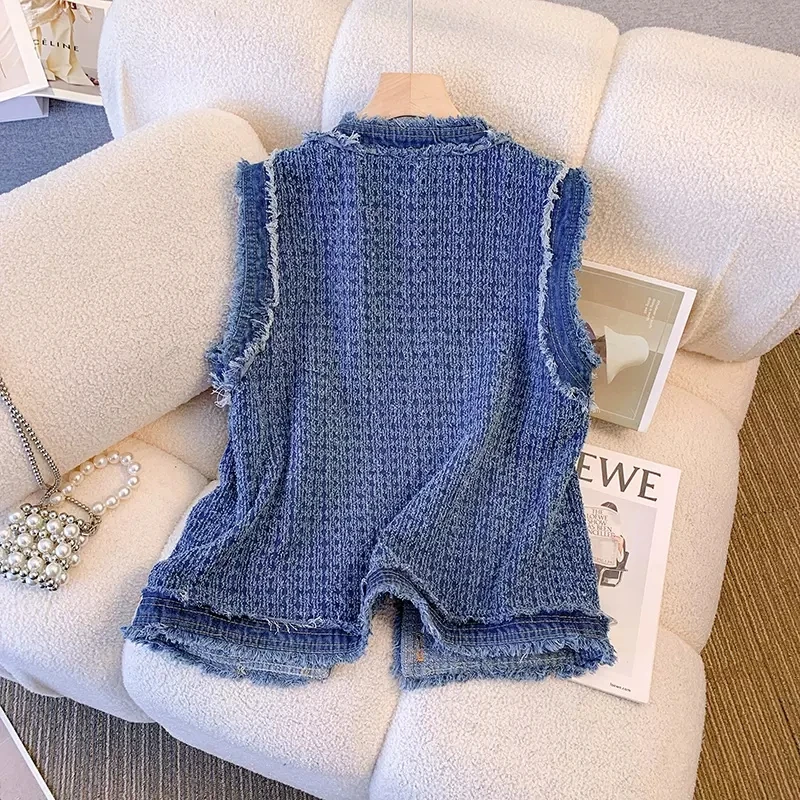 Women's Spring Autumn 2023 New Flow Sleeveless Tank Top Coat Fragrant Fur Edge Denim Vest