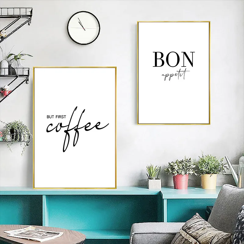 Kitchen Art Decor But First Coffee Poster Bon Appetit Print Black White Wall Art Canvas Painting For Dining Room Home Decoration