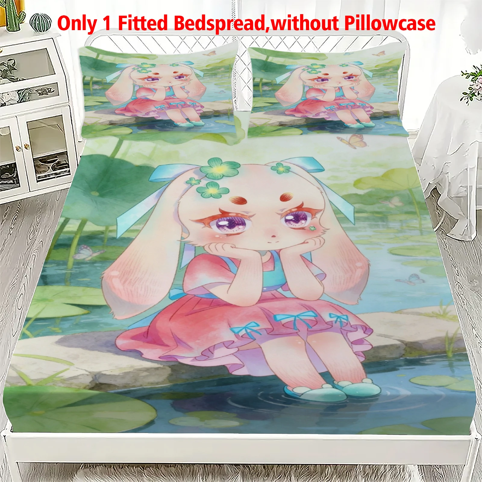 3pcs Fitted Sheet Set Soft Fluff Town Lulu-Sleepy Bunny Breathable Fitted Sheet Set for Home Decor with 2 Pillowcases For Kids