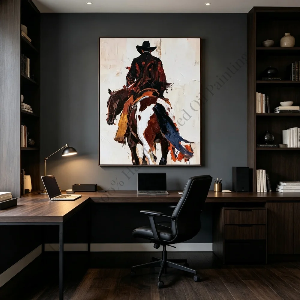 100% Hand Painted Oil Painting Canvas Wall Art Cowboy Horse Western Brown Luxury Modern Textured Home Decor Living Room Art