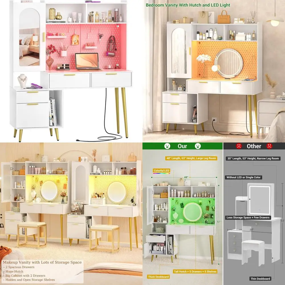 48インチの白いLED化粧台、充電ステーション、収納、ペグボード付き、寝室用 1