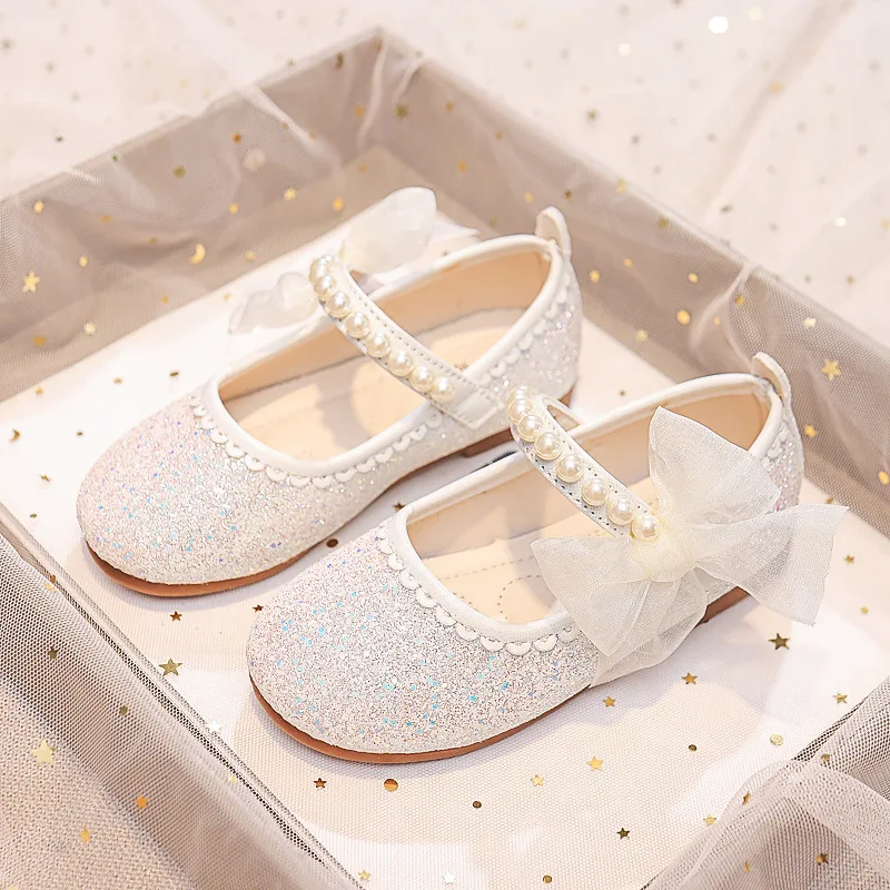 Fashion Girls Mary Janes for Party Wedding Shows Bow Pearls Elegant Princess Shoes Chic Kids Shoes Non-slip Children Fashion