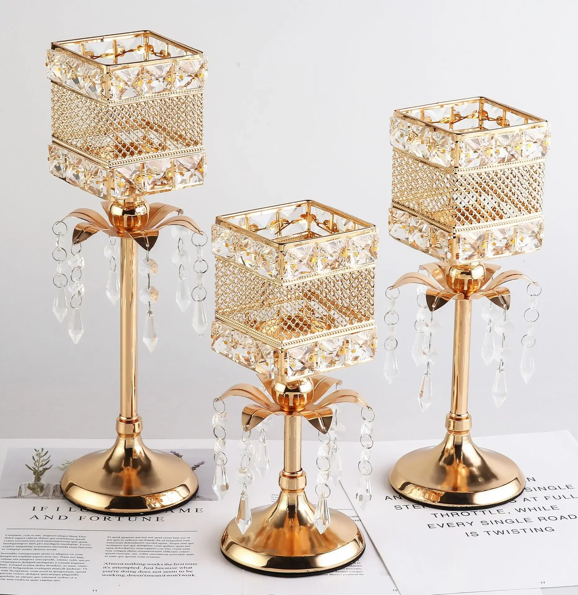 European Gold Crystal Candle Holder Fringe Metal Glass Square Candlesticks Wedding Table Centerpieces Christmas Home Decoration