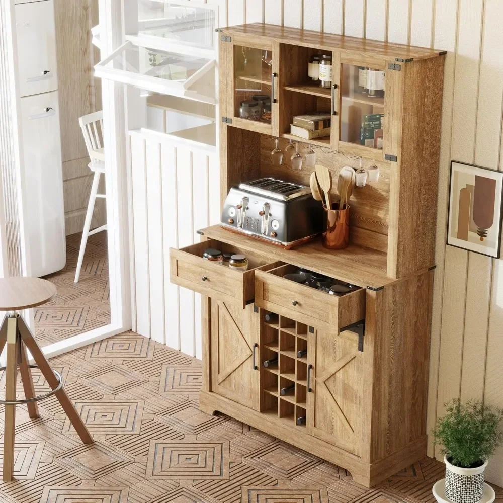 Armoire à café avec porte-verres à vin, armoires de rangement de 72 "avec porte de grange marketde ferme, armoire de planche de cuisine