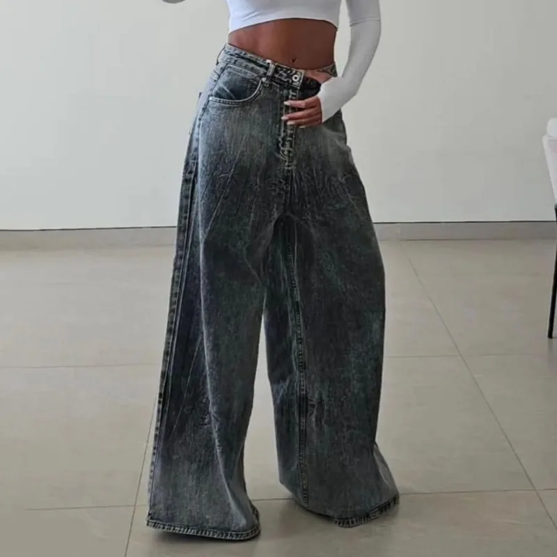 Sexy Beauty Streetwear Gray Tie Dye Low Waist Jeans Female Clothes Street Trendsetters New Fashion Women Wide Leg Denim Pants