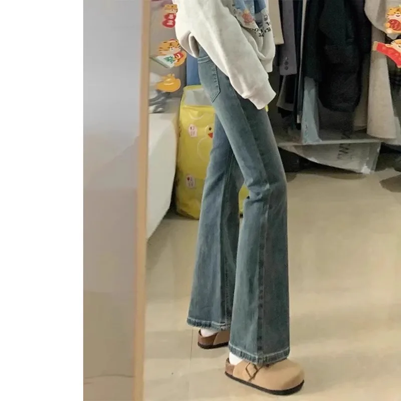 

Spring New Retro High Waist Slimming High Rise Double Buckle Elastic Floor Length Bell Bottom Jeans Women's Denim Pants