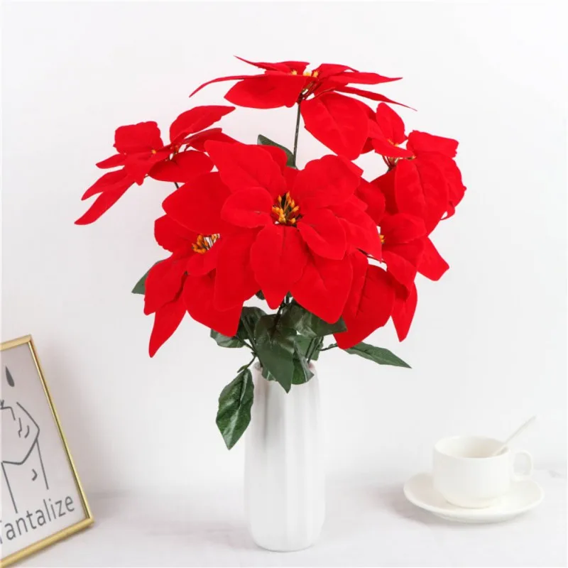 Christmas Flower Bouquet 5/7 Forks Poinsettia Bushes Silk Flowers For Wedding Decoration Home Party Vase Decortion