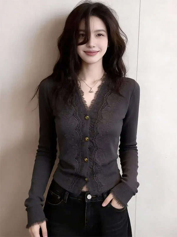 

Elegant Deep Grey V-Neck Lace Trim Knitted Open Cardigan Slimming High-End Feel Top French Style Soft Long Sleeve Women's Kni...