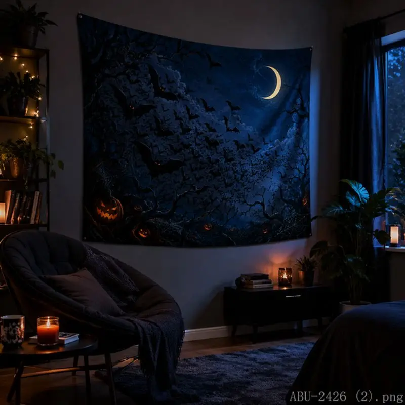 VIKAMA Purple Mist Bending Moon Withered Trees Bats Gothic Tapestry Tea Room Quiet Atmosphere Living Room Decoration