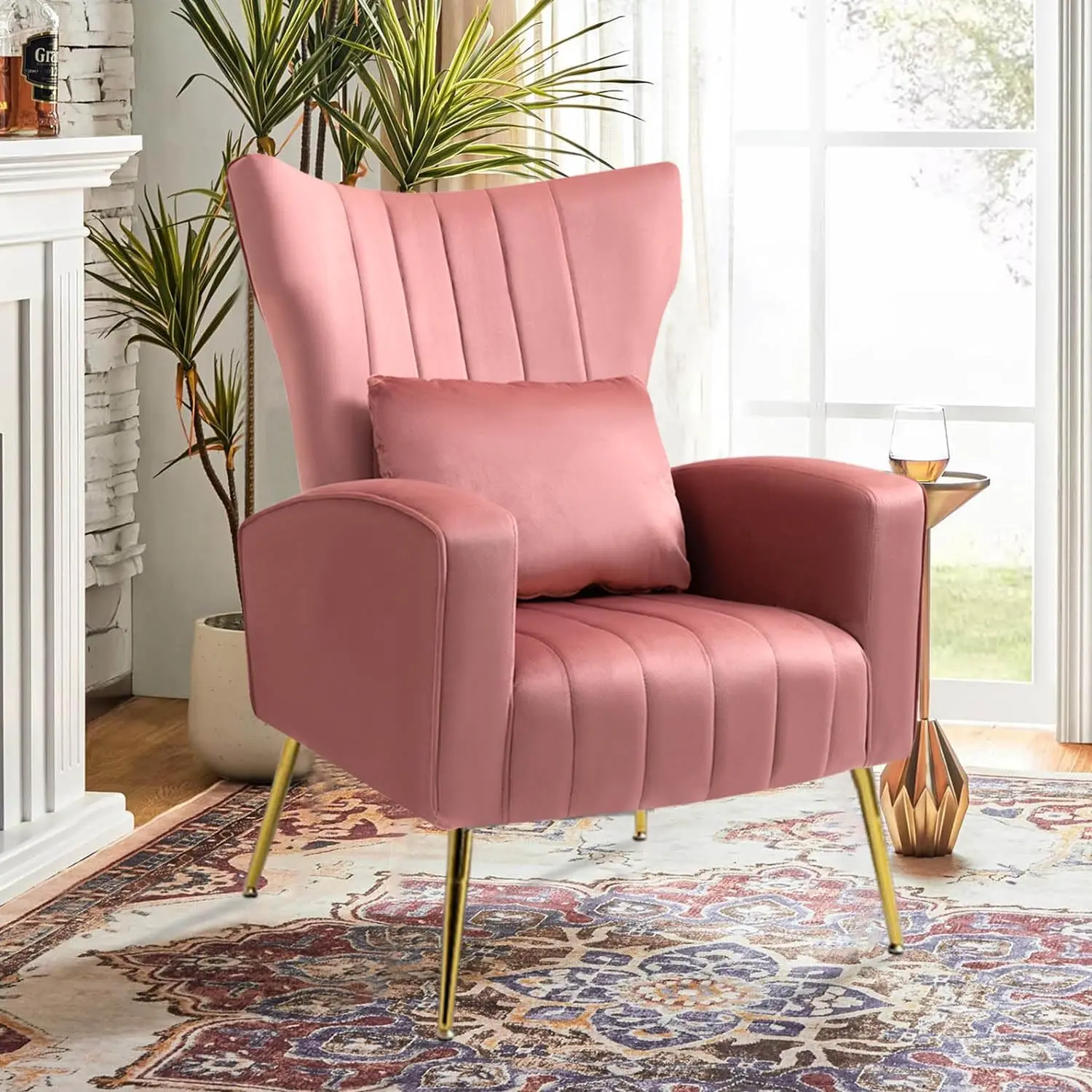 Set of 2 Modern Velvet Accent Chairs High Wingback with Gold Metal Legs and Pillow for Living Room Bedroom