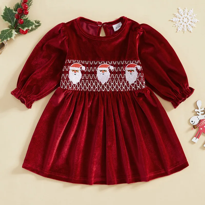 RUEWEY 6 Months to 4 Years Toddler Girl Christmas Dress Santa Claus Embroidery Round Neck Long Sleeve A-Line Velvet Dress