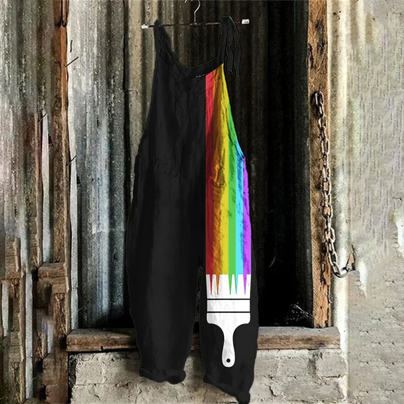 Women\'s Suspender Loose Jumpsuit Summer Rainbow Casual Bohemian Jumpsuit 3D Printed Jumpsuit Sleeveless Large Size Lace Up Pants
