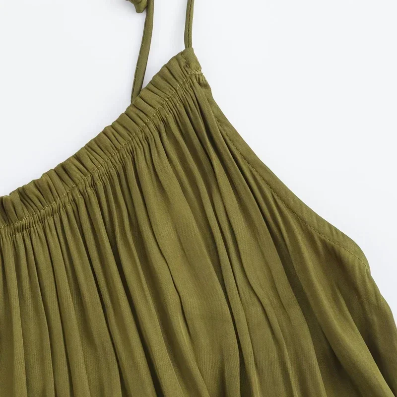 TRAF Beaded Green Pleated Dress Women Sleeveless Slip Midi Dress Woman Summer Backless Holiday Dresses Women's Loose Dresses