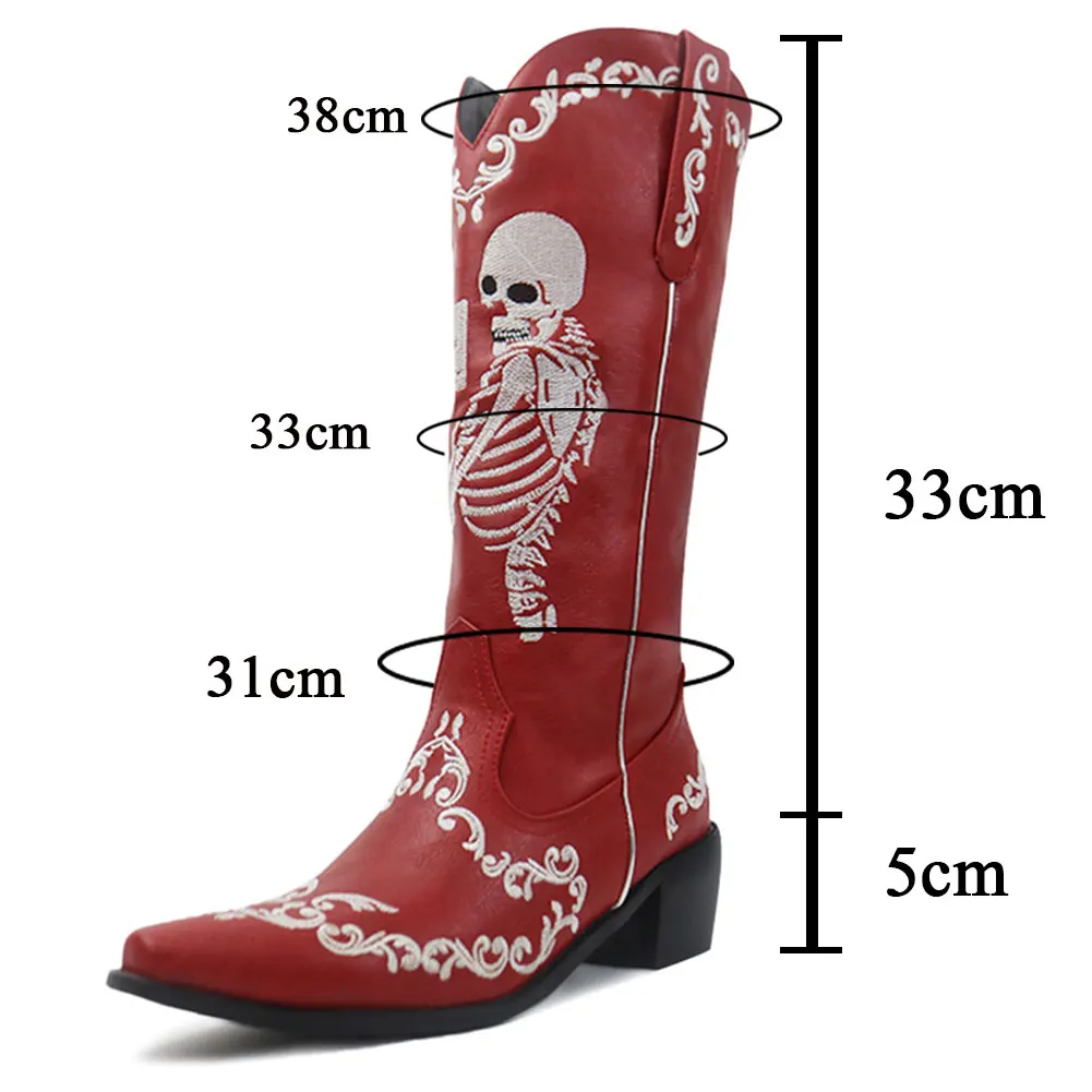 Women Skull Skeleton Selfie Cowboy Western Mid Calf Boots Pointed Toe Slip-On Stacked Heel Goth Punk Autumn Shoes Brand Designer