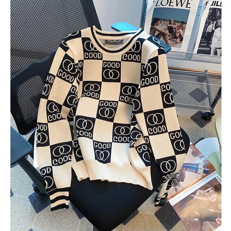 Women Clothing Chic Letter Jacquard Sweaters Autumn Winter New Vintage O-neck Loose Pullovers Knitted Fashion Casual Tops