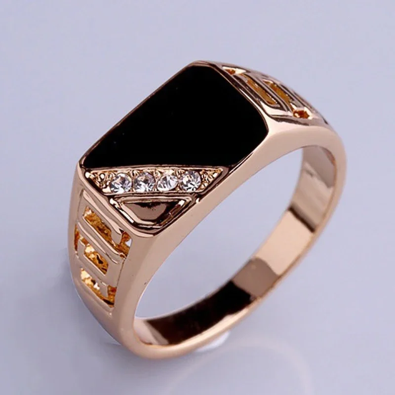 Huitan Black Enamel Wedding Rings for Women Micro Paved One Line CZ Hollow Band Special-interested Lady Engagement Party Jewelry