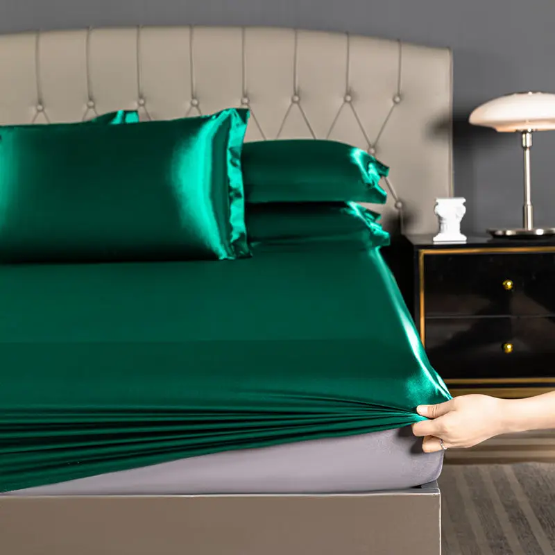 Fitted Sheet High-End Mattress Cover Solid Color Luxury Satin Fit Sheet Elastic Band Suit Height 25cm Double Queen Size Bedsheet